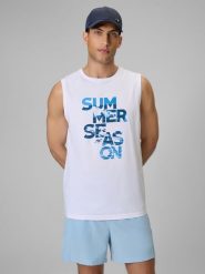 4F Koszulka bez rękawów regular z nadrukiem męska - biała S. Białe t-shirty męskie 4f, na lato, m, bez wzorów, z bawełny, klasyczne, bez kołnierzyka. Za 59.99 zł.