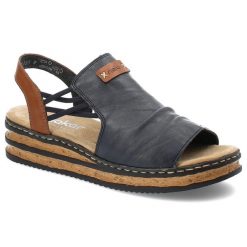 Granatowe Sandały Rieker Modne Obuwie Damskie. Niebieskie klapki damskie Rieker, bez wzorów, ze skóry, eleganckie, bez obcasa, na koturnie. Za 319.00 zł.