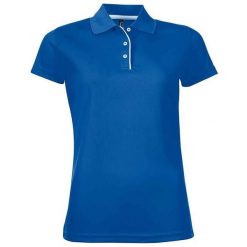 Damska Sportowa Koszulka Polo Performer. Niebieskie koszulki sportowe damskie SOL'S, m, bez wzorów, z materiału, bez kołnierzyka, bez ramiączek. Za 82.99 zł.