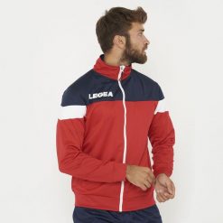 Kurtka sportowa Bolivia czerwona-niebieska. Czerwone kurtki męskie Legea, m, z aplikacjami, z materiału, sportowe, bez kaptura. Za 72.00 zł.