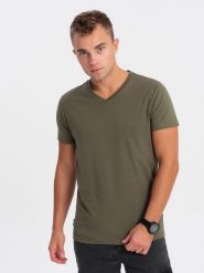 Męska klasyczna bawełniana koszulka z dekoltem w serek BASIC - ciemnooliwkowa V6 OM-TSBS-0145 - XXL. Zielone t-shirty męskie Ombre Clothing, m, bez wzorów, z bawełny, klasyczne, bez kołnierzyka. W wyprzedaży za 24.99 zł.