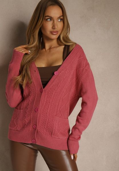 Ciemnoróżowy Kardigan z Bawełną i Tłoczonym Wzorem Reisina. Czerwone swetry dla dziewczynek Renee, bez wzorów, z bawełny, eleganckie, bez kołnierzyka, bez ramiączek, bez kaptura. Za 79.99 zł.