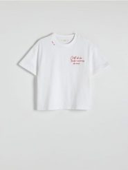 T-shirt z haftowanym napisem - złamana biel. T-shirty damskie Reserved, l, bez wzorów, z bawełny, bez kołnierzyka. W wyprzedaży za 35.99 zł.