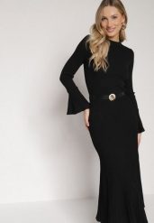 Czarna Sukienka Dzianinowa z Wiskozą z Rozszerzanymi Rękawami i Paskiem Retelva. Czarne sukienki damskie Born2be, na co dzień, s, bez wzorów, z dzianiny, eleganckie, bez kołnierzyka, bez ramiączek. Za 169.99 zł.