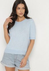 Niebieski Sweter z Wełną i Krótkim Rękawem Turosa. Niebieskie swetry damskie Born2be, bez wzorów, z jeansu, eleganckie, bez kołnierzyka, bez ramiączek, krótkie, bez kaptura. Za 89.99 zł.