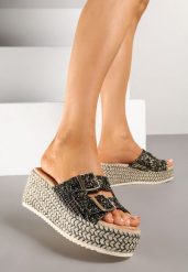 Czarne Klapki na Plecionym Koturnie z Tweedową Cholewką Desawena. Czarne klapki damskie Born2be, bez wzorów, z jeansu, eleganckie, bez obcasa, na koturnie. Za 109.99 zł.