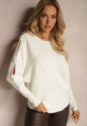 Jasnobeżowy Sweter z Wiskozą Ozdobiony Wycięciami na Rękawach Evathia. Brązowe swetry damskie Renee, z aplikacjami, z jeansu, casualowe, bez kołnierzyka, bez ramiączek, bez kaptura. Za 79.99 zł.