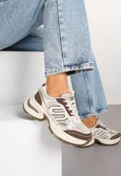 Beżowo-Brązowe Sneakersy na Platformie z Tłoczeniem z Geometrycznym Motywem Delothiel. Brązowe obuwie sportowe damskie Renee, bez wzorów, z jeansu. Za 99.99 zł.