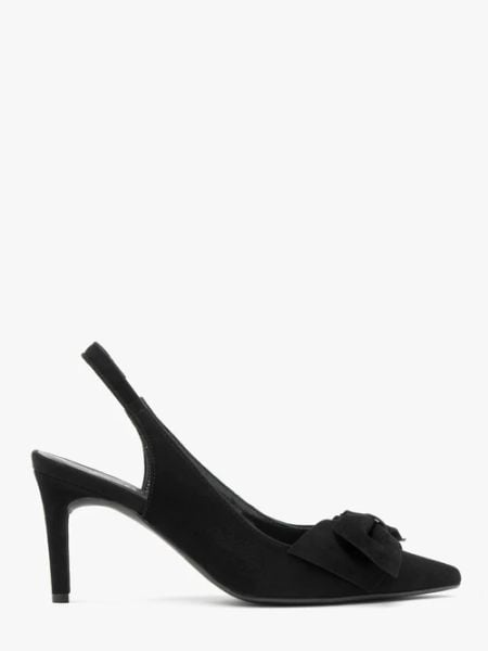 Welurowe czółenka typu slingback z kokardą. Czarne czółenka damskie Ryłko, bez wzorów, z gumy, bez obcasa, na szpilce, bez zapięcia. Za 379.99 zł.