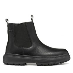 Sztyblety Geox. Czarne botki damskie Geox, bez obcasa, na płaskiej podeszwie, bez zapięcia. Za 769.99 zł.