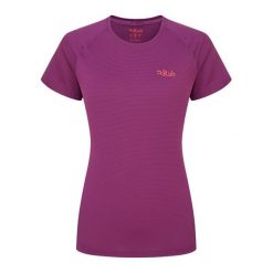 Koszulka sportowa damska Rab Women's Sonic Tee z krótkim rękawem. Fioletowe koszulki sportowe damskie RAB, m, bez wzorów, bez kołnierzyka, bez ramiączek. Za 199.99 zł.