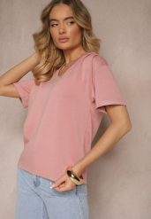 Różowy T-shirt z Dekoltem w Serek Fonellea. Czerwone bluzki damskie Renee, m, bez wzorów, z jeansu, bez kołnierzyka. Za 39.99 zł.