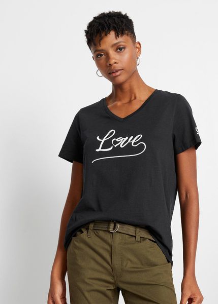T-shirt z nadrukiem. Czarne t-shirty damskie bonprix, bez wzorów, bez kołnierzyka. Za 39.99 zł.