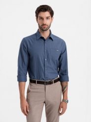 Bawełniana męska koszula z kieszenią REGULAR FIT - niebieska V3 - Rozmiar: S. Niebieskie koszule męskie Ombre Clothing, m, bez wzorów, z bawełny, bez kołnierzyka, bez ramiączek. W wyprzedaży za 79.99 zł.
