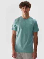 4F T-shirt regular z nadrukiem męski - turkusowy S. Niebieskie koszulki sportowe męskie 4f, m, bez wzorów, z bawełny, sportowe, bez kołnierzyka. W wyprzedaży za 39.99 zł.