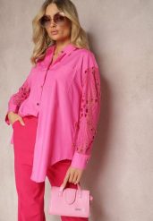 Fuksjowa Koszula o Luźnym Fasonie z Ażurowymi Wstawkami na Rękawach Nasira. Czerwone bluzki damskie Renee, m, w ażurowe wzory, z materiału, biznesowe, bez kołnierzyka, bez ramiączek. Za 74.99 zł.