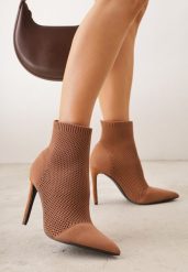 Brązowe Botki VICES na Szpilce z Elastyczną Dzianinową Cholewką Dedanna. Brązowe botki damskie Renee, z dzianiny, bez obcasa, na obcasie, bez zapięcia. Za 149.99 zł.