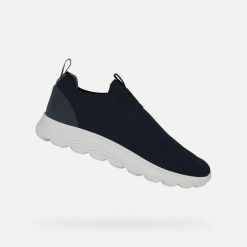 Buty Geox Spherica. Niebieskie eleganckie półbuty Geox, z materiału, biznesowe, bez zapięcia. Za 422.50 zł.