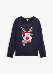Sweter z bożonarodzeniowym motywem. Niebieskie swetry przez głowę męskie bonprix, m, bez wzorów, bez kołnierzyka. Za 109.99 zł.