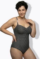 Damskie Kostium kąpielowy wzór zygzakowy miękkie miseczki drapowanie. Czarne kostiumy jednoczęściowe damskie Ulla Popken, plus size, bez wzorów, z elastanu, plus size, do pływania. Za 223.99 zł.