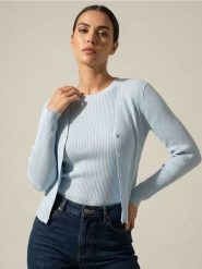 Prążkowany kardigan zapinany na guziki - niebieski. Niebieskie kardigany damskie Sinsay, l, bez wzorów, prążkowane. Za 39.99 zł.