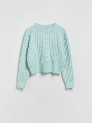 Sweter z dekoracyjnym splotem - jasnoturkusowy. Niebieskie swetry damskie Reserved, l, bez wzorów, z dzianiny, bez kołnierzyka, bez ramiączek, bez kaptura. Za 129.99 zł.