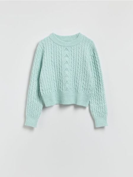 Sweter z dekoracyjnym splotem - jasnoturkusowy. Niebieskie swetry damskie Reserved, l, bez wzorów, z dzianiny, bez kołnierzyka, bez ramiączek, bez kaptura. Za 129.99 zł.