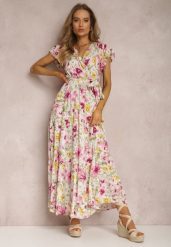 Biało-Różowa Sukienka Arginca. Białe sukienki damskie Renee, na imprezę, l, z aplikacjami, z materiału, eleganckie, bez kołnierzyka, bez ramiączek, maxi, kopertowe. Za 74.99 zł.