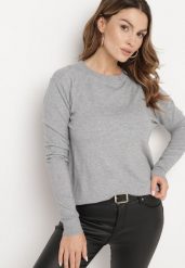 Szary Sweter o Prostym Kroju z Bawełną Savandelle. Szare swetry damskie Born2be, uniwersalny, bez wzorów, z bawełny, eleganckie, bez kołnierzyka, bez ramiączek, bez kaptura. Za 44.99 zł.