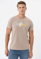 Bawełniany t-shirt T-NECOS. Brązowe t-shirty męskie Volcano, na lato, l, bez wzorów, z bawełny, klasyczne, bez kołnierzyka. Za 59.99 zł.