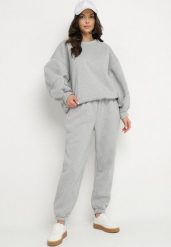 Szary Komplet Dresowy Bluza i Joggery Podszyte Polarem Zibea. Szare bluzy damskie Born2be, bez wzorów, z bawełny, bez kaptura. Za 179.99 zł.
