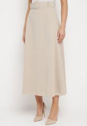 Jasnobeżowa Gładka Spódnica Maxi z Gumką w Pasie i Klamrą Orirsa. Brązowe spódnice damskie Born2be, m, bez wzorów, eleganckie, maxi, rozkloszowane. Za 79.99 zł.