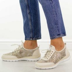 Beżowe skórzane półbuty damskie DiA 5990. Brązowe obuwie sportowe damskie DiA, na jesień, bez wzorów, z dresówki, casualowe, z okrągłym noskiem, bez obcasa, na płaskiej podeszwie, bez zapięcia. Za 259.00 zł.