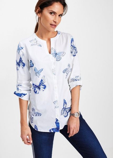 Bluzka z wiskozy z nadrukiem. Białe bluzki damskie bonprix, bez wzorów, z wiskozy, eleganckie, bez kołnierzyka, bez ramiączek. Za 114.99 zł.