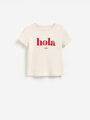 Bawełniany t-shirt z nadrukiem - beżowy. Brązowe t-shirty damskie Reserved, l, bez wzorów, z bawełny, bez kołnierzyka. Za 49.99 zł.