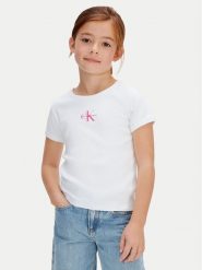 Calvin Klein Jeans T-Shirt Monologo LVCKSJB11G Biały Regular Fit. Białe t-shirty i topy dla dziewczynek Calvin Klein Jeans, bez wzorów, z bawełny, bez ramiączek. Za 129.99 zł.