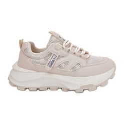 Evento Buty Sportowe Sneakersy Damskie Na Grubej Podeszwie Beżowe beżowy. Brązowe obuwie sportowe damskie bez wzorów, ze skóry, na fitness i siłownię. Za 160.24 zł.