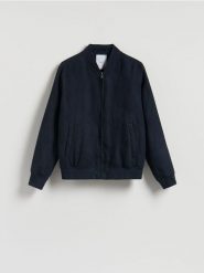 Kurtka bomberka z imitacji zamszu - granatowy. Niebieskie kurtki męskie Reserved, l, bez wzorów, z tkaniny, bez kaptura. Za 239.99 zł.
