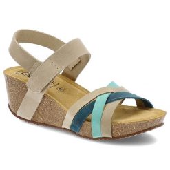 Sandały damskie HEE, skórzane na korkowej podeszwie na koturnie na rzepy, jeansowe, 25012. Brązowe sandały damskie Hee, bez wzorów, z jeansu, bez obcasa, na koturnie, bez zapięcia. Za 249.00 zł.