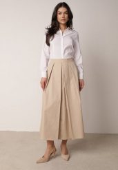 Beżowa Rozkloszowana Spódnica z Bawełny z Szerokimi Plisami Malona. Brązowe spódnice damskie Born2be, l, bez wzorów, z bawełny, biznesowe, midi, proste. Za 119.99 zł.