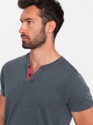 Ombre T-shirt męski z rozpinanym okrągłym dekoltem henley granatowy V5 OM-TSCT-0155 XL. Niebieskie t-shirty męskie Ombre, m, bez wzorów, bez kołnierzyka. Za 79.99 zł.