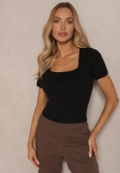Czarna Bluzka z Modalem Wiskozą i Kwadratowym Dekoltem Sanelora. Czarne bluzki damskie Renee, na lato, m, bez wzorów, z jeansu, eleganckie, bez kołnierzyka, bez ramiączek. Za 69.99 zł.