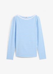 Shirt w prążek, z długim rękawem i dekoltem w łódkę. Niebieskie bluzki damskie bonprix, bez wzorów, bez kołnierzyka, bez ramiączek. Za 59.99 zł.