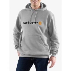 Bluza z kapturem męska Carhartt Signature Logo Sweatshirt. Szare bluzy męskie Carhartt, m, bez wzorów, z kapturem, trekkingowe. Za 272.99 zł.
