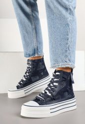 Granatowe Trampki z Jeansowego Materiału na Platformie Zorilea. Niebieskie obuwie sportowe damskie Born2be, bez wzorów, z jeansu. Za 99.99 zł.