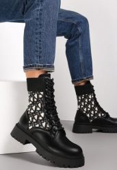 Czarne Botki Workery z Elastyczną Cholewką Sznurowane Eideia. Czarne botki damskie Renee, z dzianiny, eleganckie, bez obcasa, na obcasie, bez zapięcia. Za 54.99 zł.