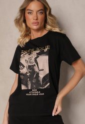 Czarny Bawełniany T-shirt z Brokatem i Nadrukiem Nalamis. Czarne bluzki damskie Renee, m, z aplikacjami, z bawełny, eleganckie, bez kołnierzyka. Za 34.99 zł.