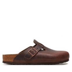 Klapki Birkenstock. Brązowe klapki damskie Birkenstock, bez wzorów, bez obcasa. Za 611.99 zł.