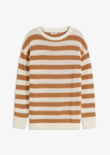 Sweter oversize z czystej bawełny. Brązowe swetry damskie bonprix, bez wzorów, z bawełny, bez kołnierzyka, bez ramiączek, bez kaptura. Za 107.99 zł.