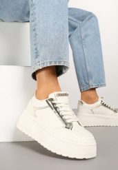 Beżowe Sneakersy na Platformie Ozdobione Przeszyciami Tatoretia. Brązowe obuwie sportowe damskie Renee, bez wzorów, z jeansu. Za 99.99 zł.